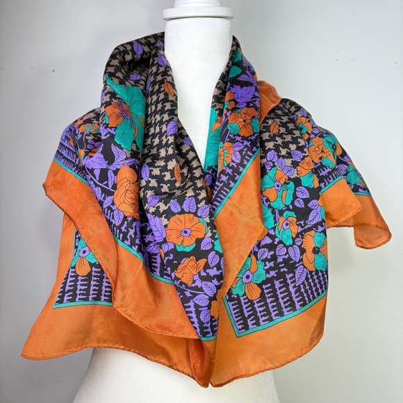 Vintage 80s 90s Square Silk Scarf Houndstooth Autumn Fall Leaves Rose Floral - Picture 14 of 14